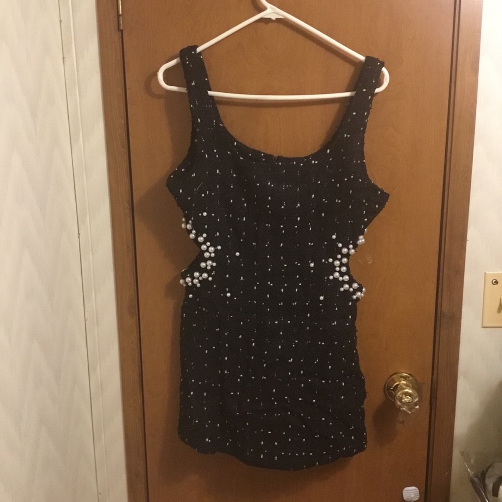Black Texture Tweed Weave Cutout Mini Dress With Faux Pearls L - Picture 8 of 16